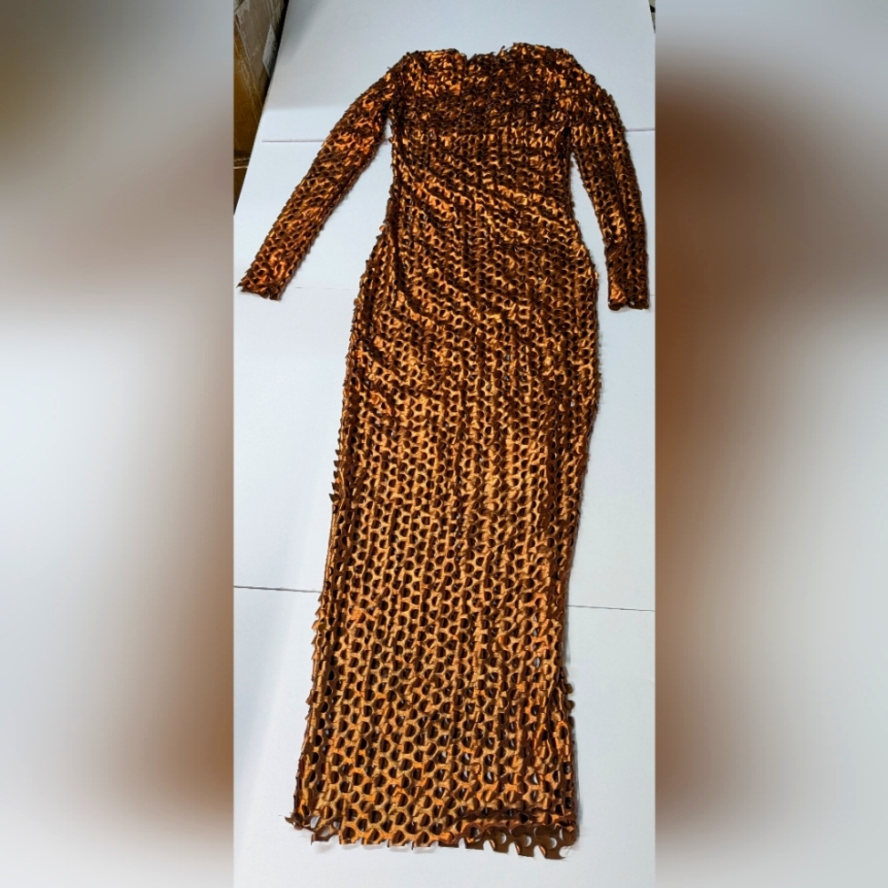 Bronze form fitting, full length dress. Large